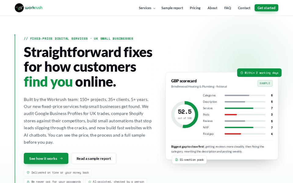 Screenshot of the growth.workrush.co.uk home page: light theme with the Workrush logo, headline and a sample scorecard